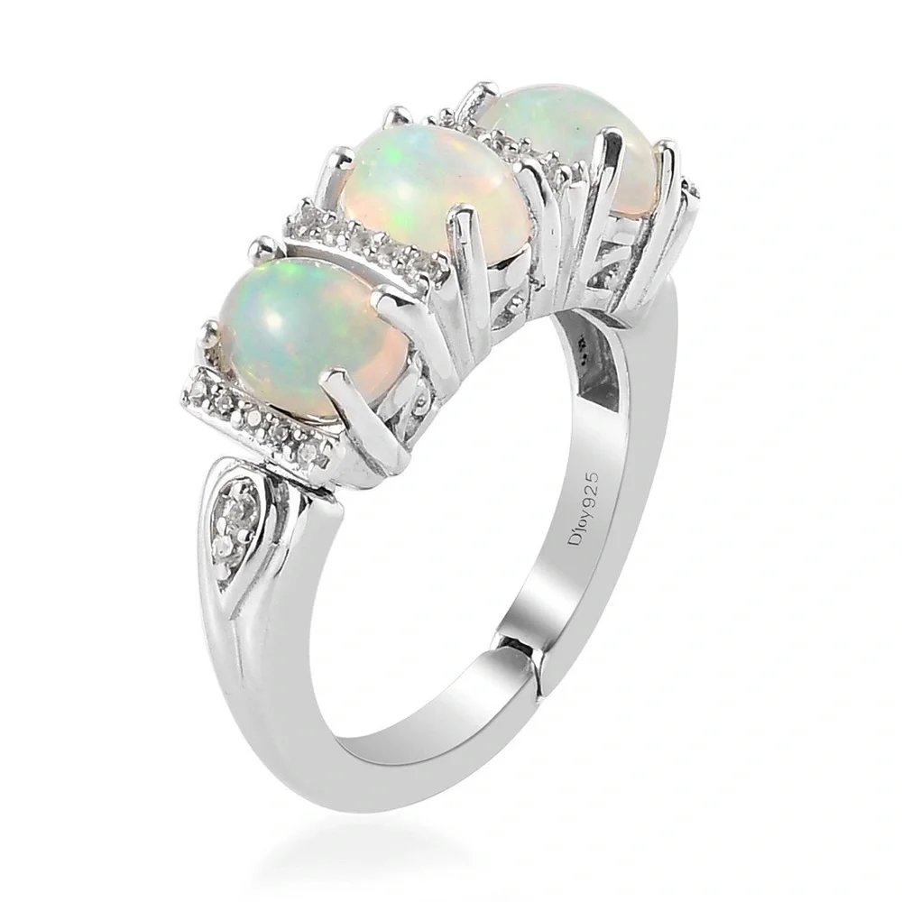Ethiopian Welo Opal and Zircon Three Stone Ring